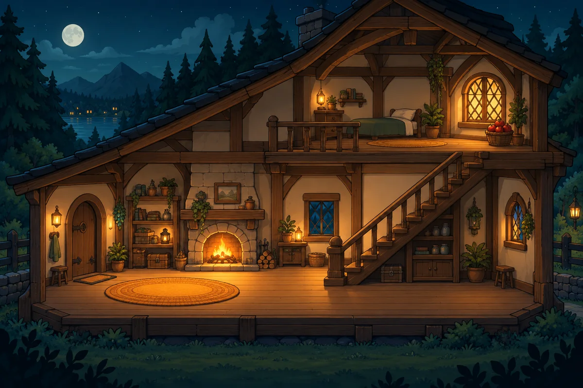 An illustrated cottage with a rug downstairs and a basket of apples in the upstairs loft.