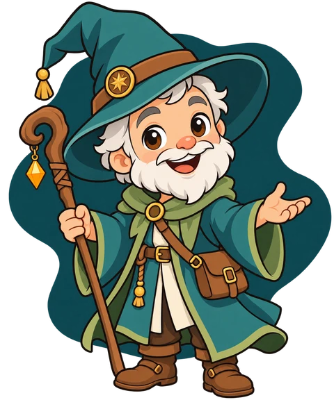 Wizbert, with his teal hat, gold star, white beard and wooden staff.